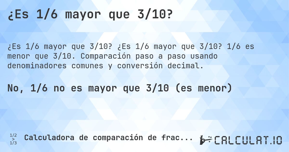 ¿Es 1/6 mayor que 3/10?. ¿Es 1/6 mayor que 3/10? 1/6 es menor que 3/10. Comparación paso a paso usando denominadores comunes y conversión decimal.