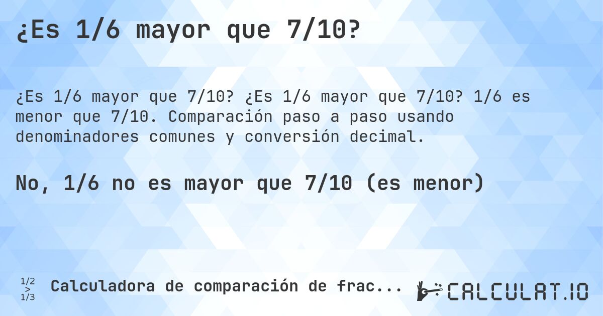 ¿Es 1/6 mayor que 7/10?. ¿Es 1/6 mayor que 7/10? 1/6 es menor que 7/10. Comparación paso a paso usando denominadores comunes y conversión decimal.