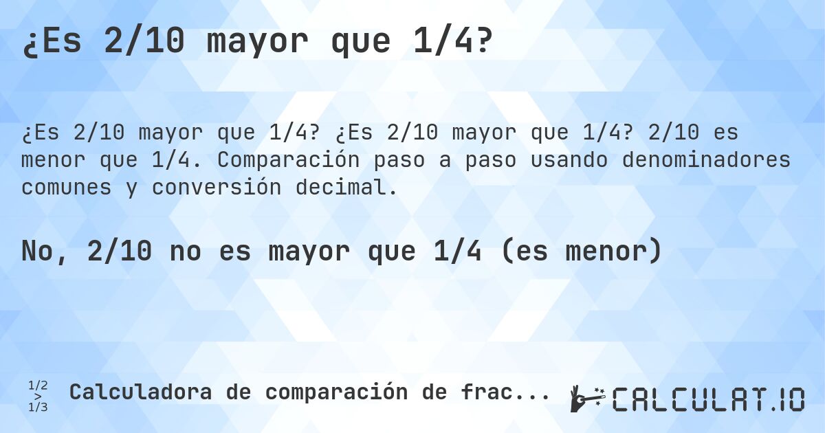 ¿Es 2/10 mayor que 1/4?. ¿Es 2/10 mayor que 1/4? 2/10 es menor que 1/4. Comparación paso a paso usando denominadores comunes y conversión decimal.