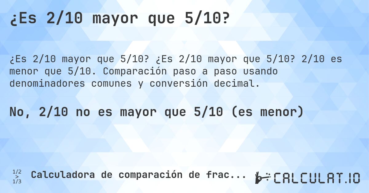 ¿Es 2/10 mayor que 5/10?. ¿Es 2/10 mayor que 5/10? 2/10 es menor que 5/10. Comparación paso a paso usando denominadores comunes y conversión decimal.