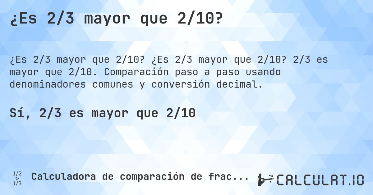 ¿Es 2/3 mayor que 2/10?. ¿Es 2/3 mayor que 2/10? 2/3 es mayor que 2/10. Comparación paso a paso usando denominadores comunes y conversión decimal.