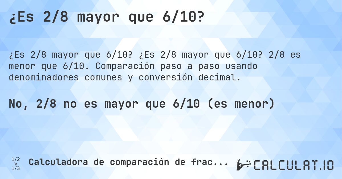 ¿Es 2/8 mayor que 6/10?. ¿Es 2/8 mayor que 6/10? 2/8 es menor que 6/10. Comparación paso a paso usando denominadores comunes y conversión decimal.