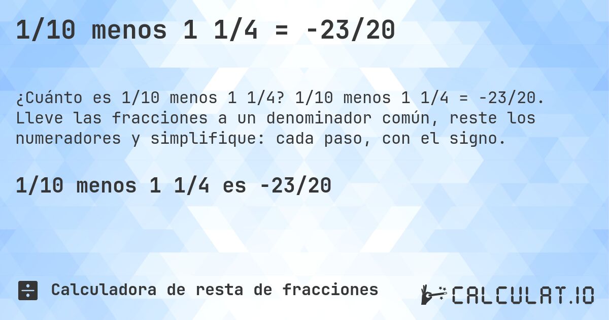 1/10 menos 1 1/4 = -23/20. 1/10 menos 1 1/4 = -23/20. Lleve las fracciones a un denominador común, reste los numeradores y simplifique: cada paso, con el signo.