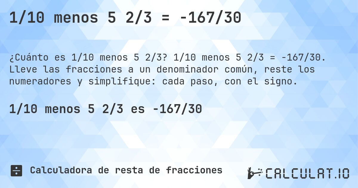 1/10 menos 5 2/3 = -167/30. 1/10 menos 5 2/3 = -167/30. Lleve las fracciones a un denominador común, reste los numeradores y simplifique: cada paso, con el signo.