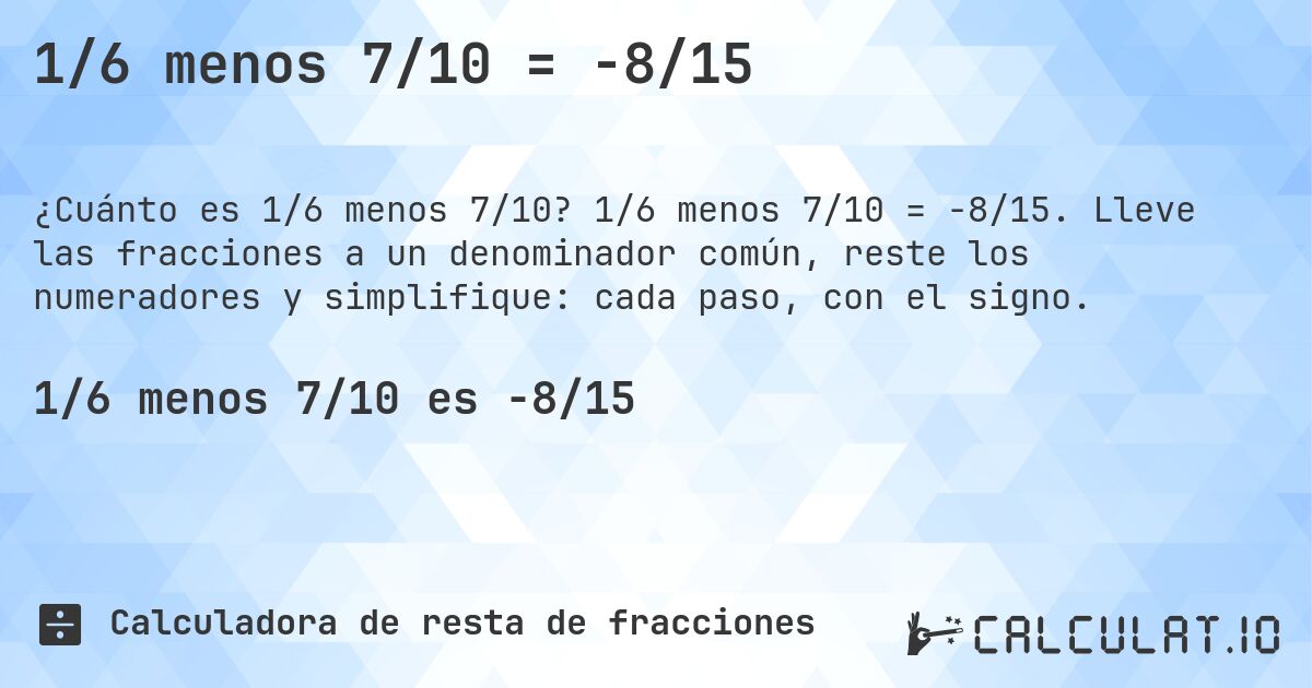 1/6 menos 7/10 = -8/15. 1/6 menos 7/10 = -8/15. Lleve las fracciones a un denominador común, reste los numeradores y simplifique: cada paso, con el signo.