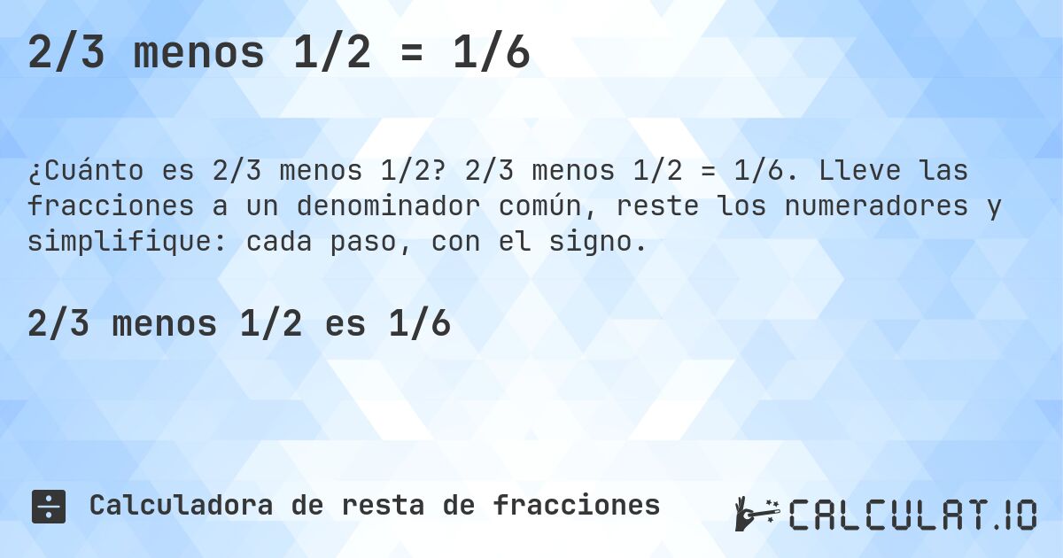 2/3 menos 1/2 = 1/6. 2/3 menos 1/2 = 1/6. Lleve las fracciones a un denominador común, reste los numeradores y simplifique: cada paso, con el signo.