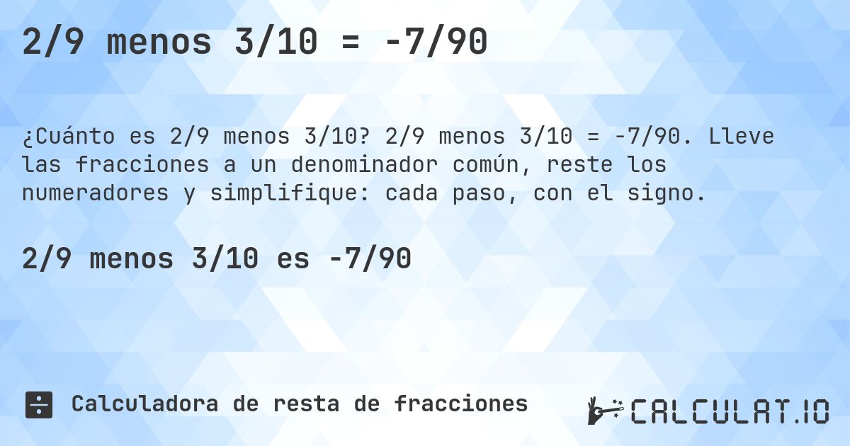 2/9 menos 3/10 = -7/90. 2/9 menos 3/10 = -7/90. Lleve las fracciones a un denominador común, reste los numeradores y simplifique: cada paso, con el signo.