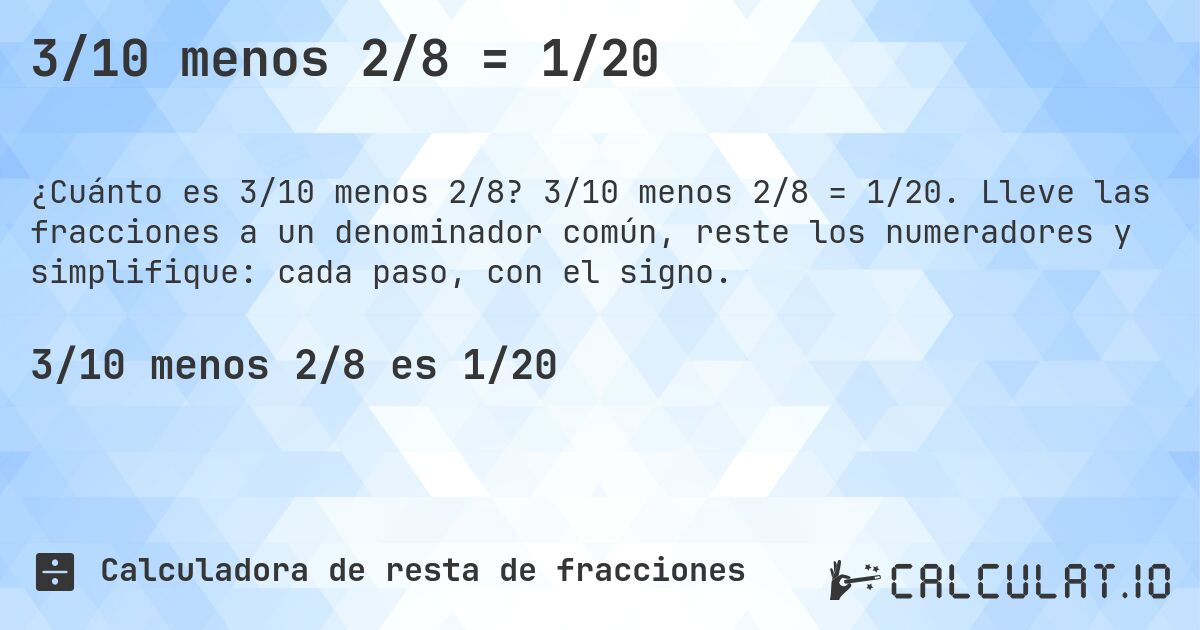 3/10 menos 2/8 = 1/20. 3/10 menos 2/8 = 1/20. Lleve las fracciones a un denominador común, reste los numeradores y simplifique: cada paso, con el signo.