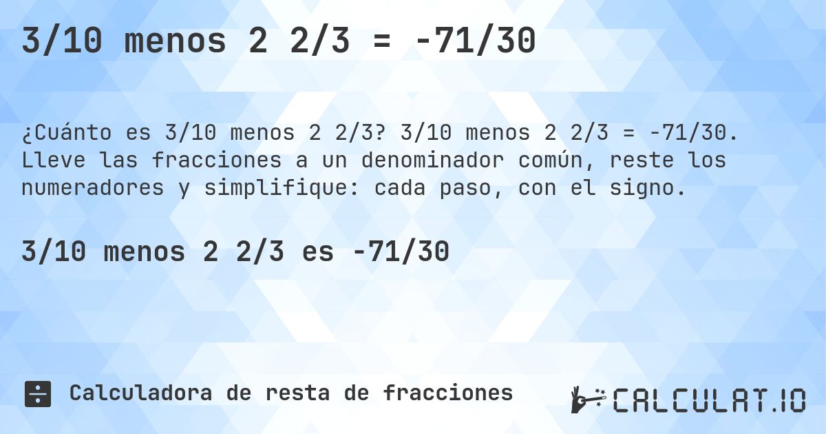 3/10 menos 2 2/3 = -71/30. 3/10 menos 2 2/3 = -71/30. Lleve las fracciones a un denominador común, reste los numeradores y simplifique: cada paso, con el signo.