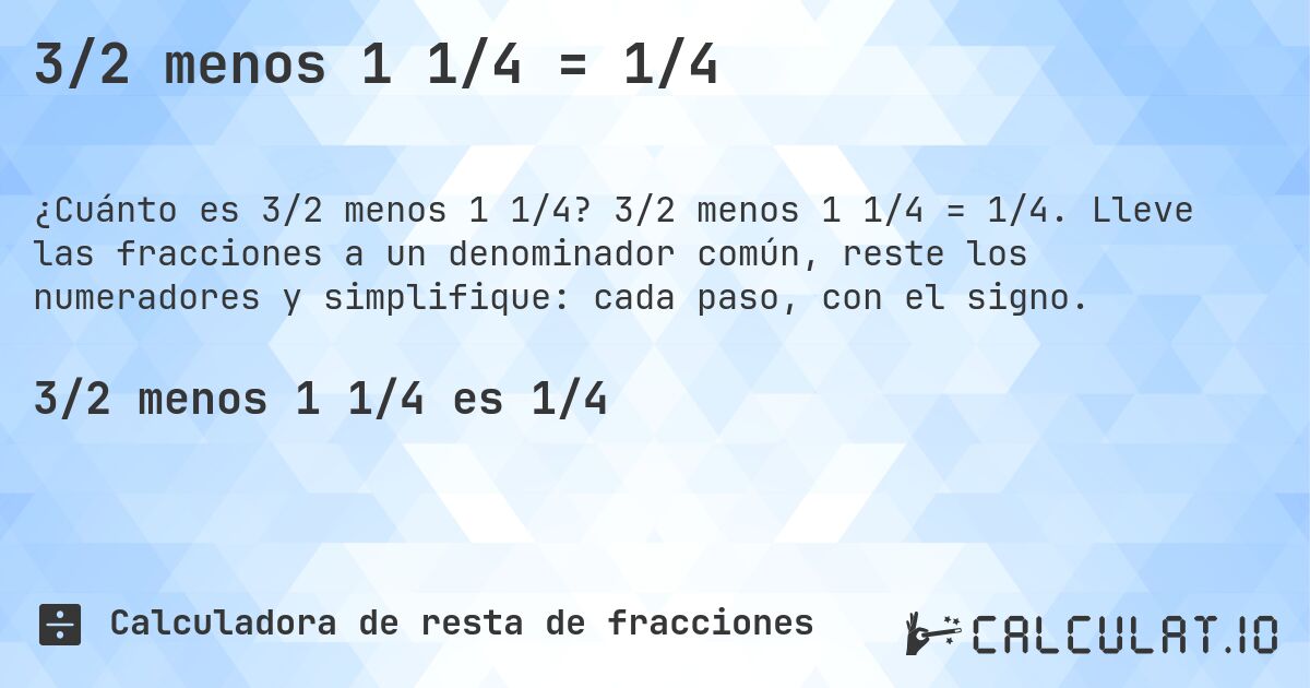 3/2 menos 1 1/4 = 1/4. 3/2 menos 1 1/4 = 1/4. Lleve las fracciones a un denominador común, reste los numeradores y simplifique: cada paso, con el signo.