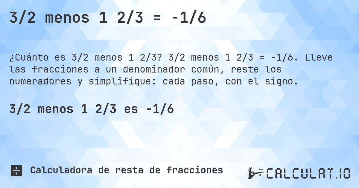 3/2 menos 1 2/3 = -1/6. 3/2 menos 1 2/3 = -1/6. Lleve las fracciones a un denominador común, reste los numeradores y simplifique: cada paso, con el signo.