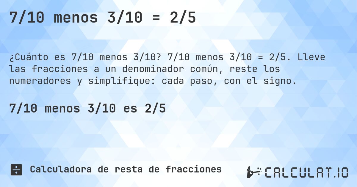 7/10 menos 3/10 = 2/5. 7/10 menos 3/10 = 2/5. Lleve las fracciones a un denominador común, reste los numeradores y simplifique: cada paso, con el signo.