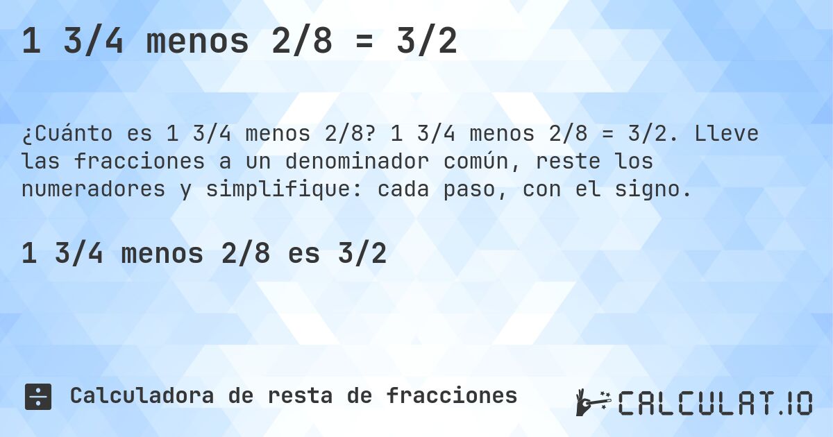 1 3/4 menos 2/8 = 3/2. 1 3/4 menos 2/8 = 3/2. Lleve las fracciones a un denominador común, reste los numeradores y simplifique: cada paso, con el signo.