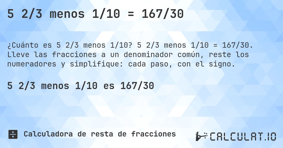 5 2/3 menos 1/10 = 167/30. 5 2/3 menos 1/10 = 167/30. Lleve las fracciones a un denominador común, reste los numeradores y simplifique: cada paso, con el signo.