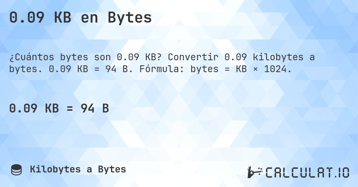 0.09 KB en Bytes. Convertir 0.09 kilobytes a bytes. 0.09 KB = 94 B. Fórmula: bytes = KB × 1024.