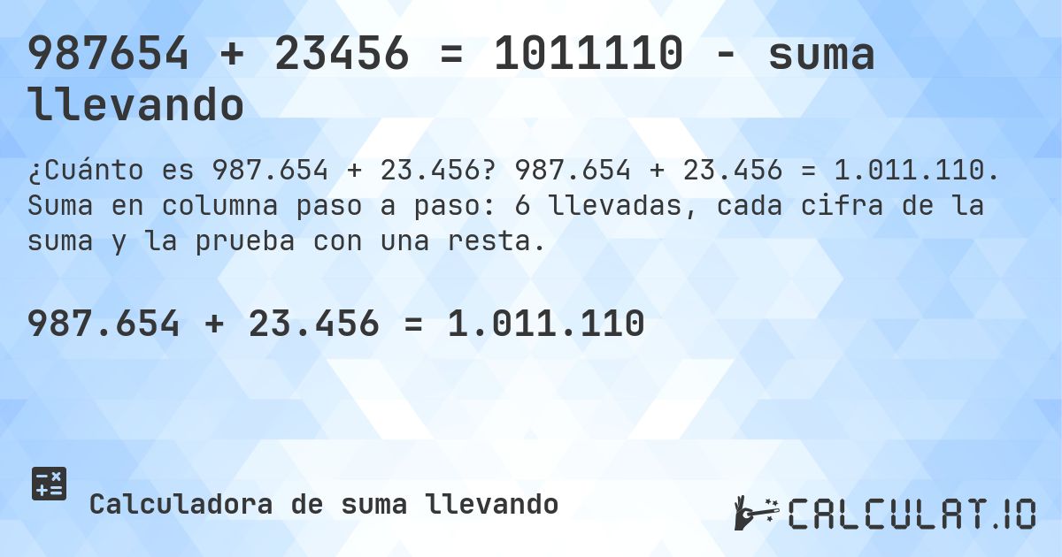 987654 + 23456 = 1011110 - suma llevando. 987.654 + 23.456 = 1.011.110. Suma en columna paso a paso: 6 llevadas, cada cifra de la suma y la prueba con una resta.