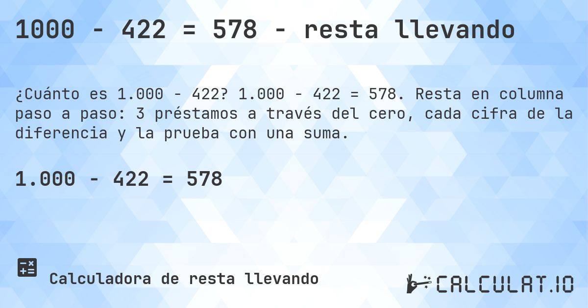1000 − 422 = 578 - resta llevando. 1.000 − 422 = 578. Resta en columna paso a paso: 3 préstamos a través del cero, cada cifra de la diferencia y la prueba con una suma.