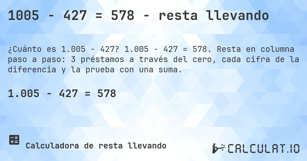 1005 − 427 = 578 - resta llevando. 1.005 − 427 = 578. Resta en columna paso a paso: 3 préstamos a través del cero, cada cifra de la diferencia y la prueba con una suma.