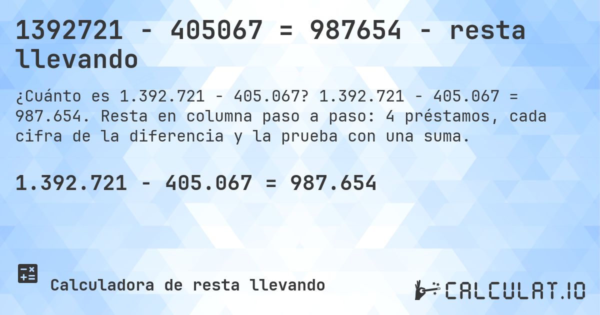 1392721 − 405067 = 987654 - resta llevando. 1.392.721 − 405.067 = 987.654. Resta en columna paso a paso: 4 préstamos, cada cifra de la diferencia y la prueba con una suma.