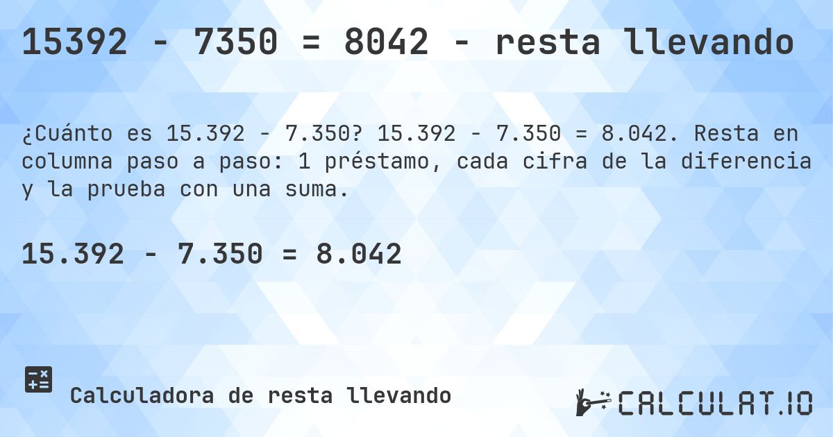 15392 − 7350 = 8042 - resta llevando. 15.392 − 7.350 = 8.042. Resta en columna paso a paso: 1 préstamo, cada cifra de la diferencia y la prueba con una suma.