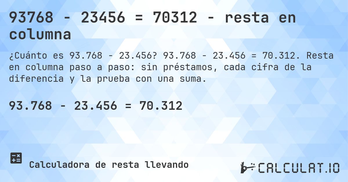 93768 − 23456 = 70312 - resta en columna. 93.768 − 23.456 = 70.312. Resta en columna paso a paso: sin préstamos, cada cifra de la diferencia y la prueba con una suma.