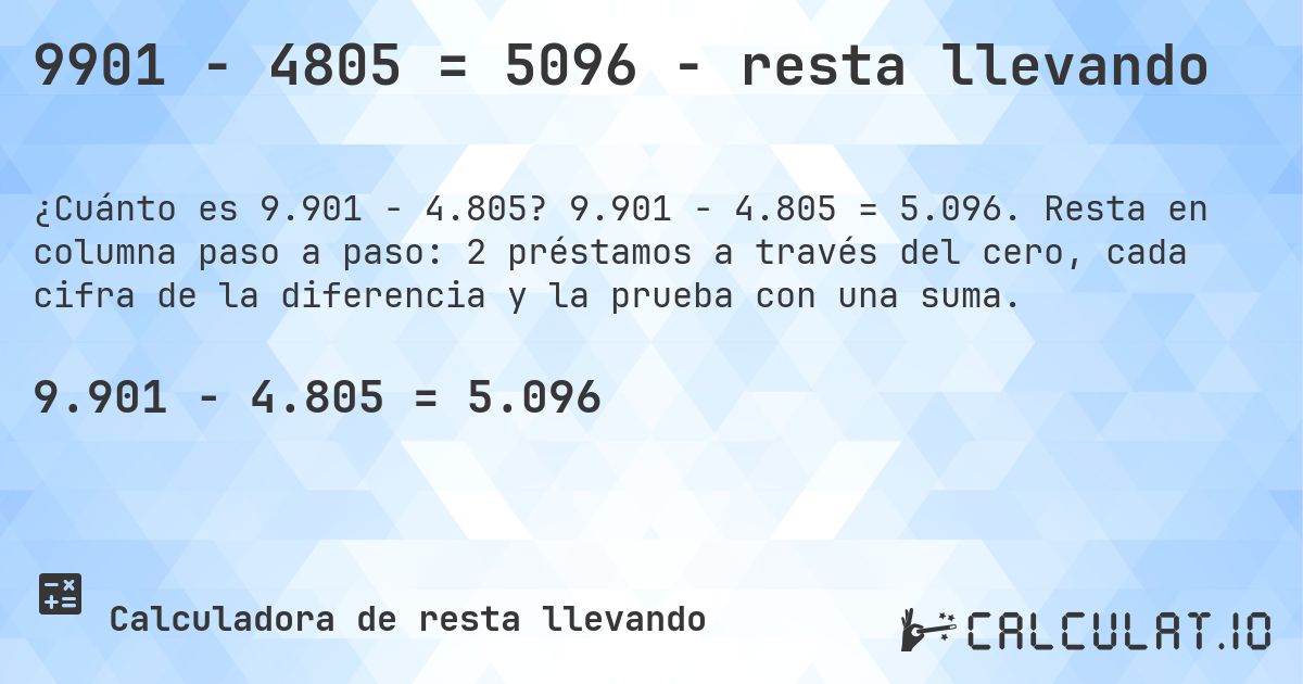 9901 − 4805 = 5096 - resta llevando. 9.901 − 4.805 = 5.096. Resta en columna paso a paso: 2 préstamos a través del cero, cada cifra de la diferencia y la prueba con una suma.
