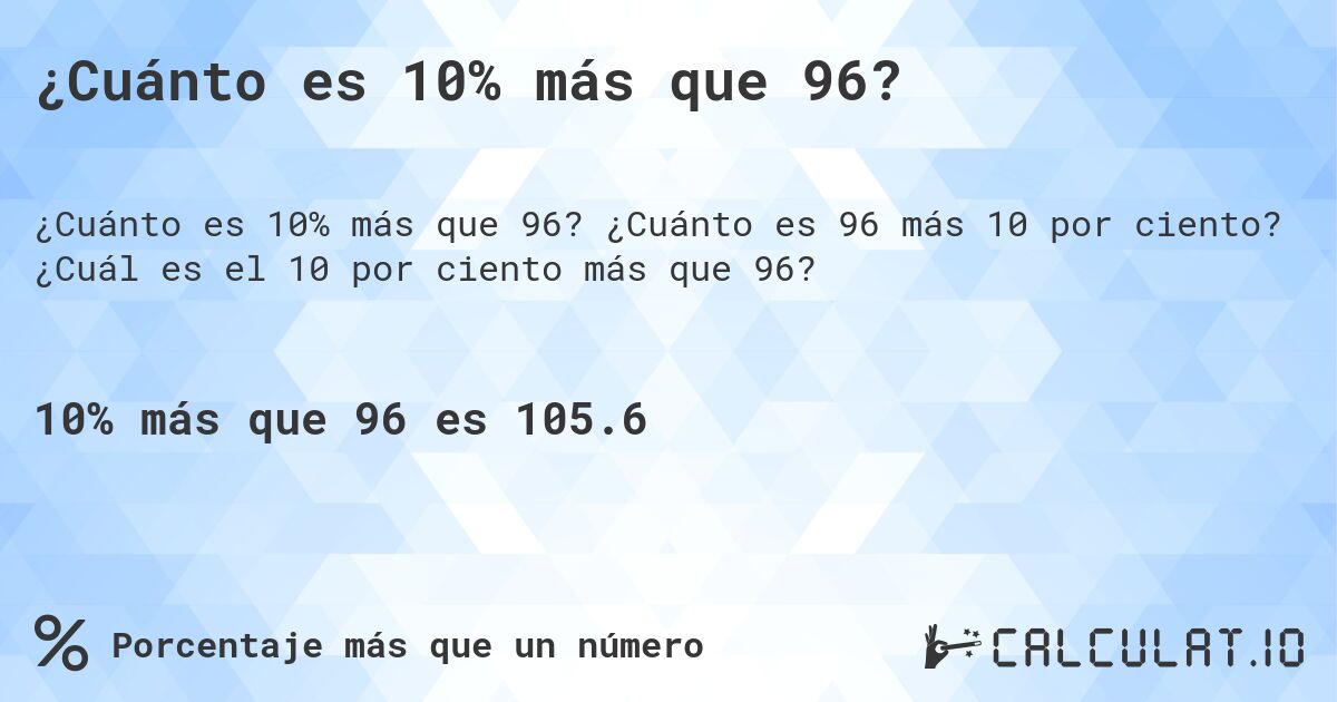 ¿Cuánto es 10% más que 96?. ¿Cuánto es 96 más 10 por ciento? ¿Cuál es el 10 por ciento más que 96?