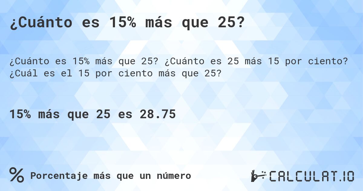 ¿Cuánto es 15% más que 25?. ¿Cuánto es 25 más 15 por ciento? ¿Cuál es el 15 por ciento más que 25?