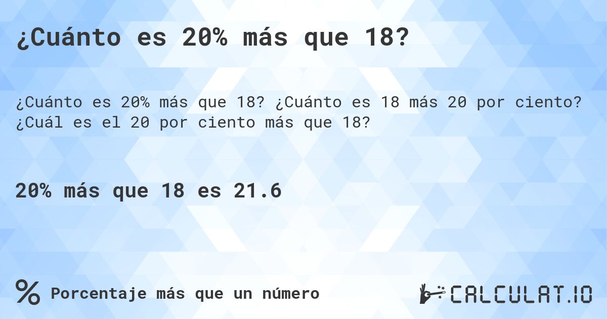 ¿Cuánto es 20% más que 18?. ¿Cuánto es 18 más 20 por ciento? ¿Cuál es el 20 por ciento más que 18?