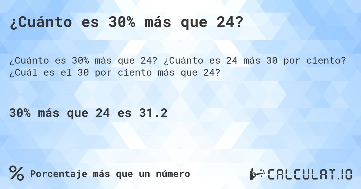 ¿Cuánto es 30% más que 24?. ¿Cuánto es 24 más 30 por ciento? ¿Cuál es el 30 por ciento más que 24?