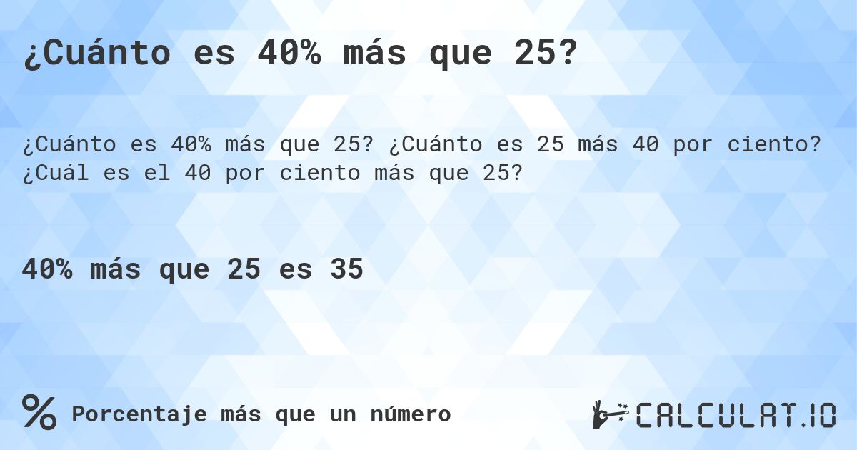 ¿Cuánto es 40% más que 25?. ¿Cuánto es 25 más 40 por ciento? ¿Cuál es el 40 por ciento más que 25?