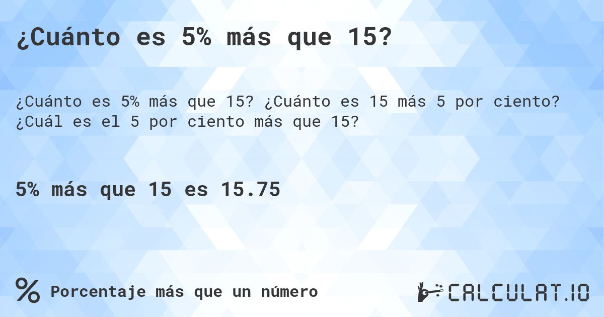 ¿Cuánto es 5% más que 15?. ¿Cuánto es 15 más 5 por ciento? ¿Cuál es el 5 por ciento más que 15?