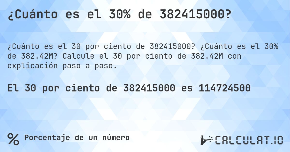 ¿Cuánto es el 30% de 382415000?. ¿Cuánto es el 30% de 382.42M? Calcule el 30 por ciento de 382.42M con explicación paso a paso.