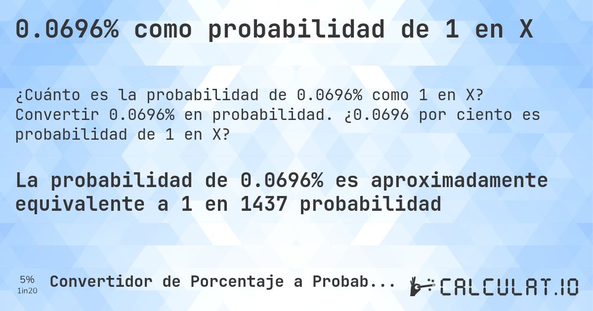 0.0696% como probabilidad de 1 en X. Convertir 0.0696% en probabilidad. ¿0.0696 por ciento es probabilidad de 1 en X?