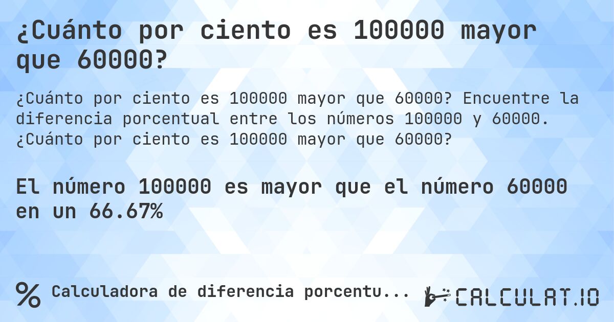 ¿Cuánto por ciento es 100000 mayor que 60000?. Encuentre la diferencia porcentual entre los números 100000 y 60000. ¿Cuánto por ciento es 100000 mayor que 60000?
