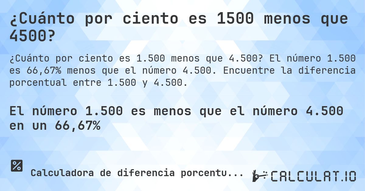 ¿Cuánto por ciento es 1500 menos que 4500?. El número 1.500 es 66,67% menos que el número 4.500. Encuentre la diferencia porcentual entre 1.500 y 4.500.