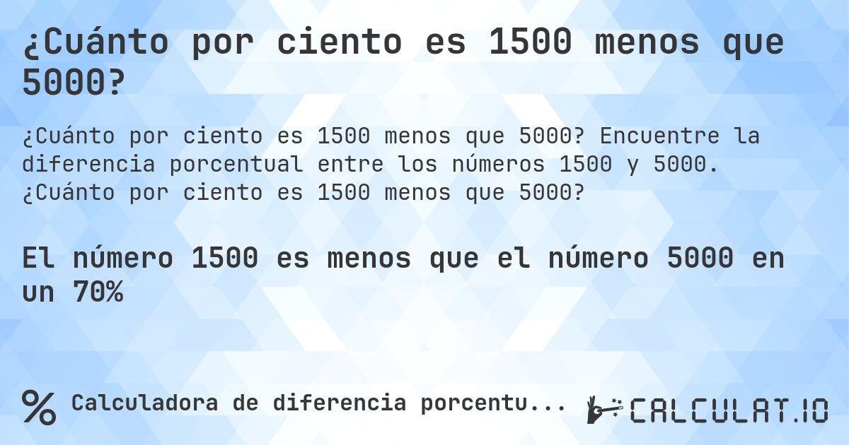 ¿Cuánto por ciento es 1500 menos que 5000?. Encuentre la diferencia porcentual entre los números 1500 y 5000. ¿Cuánto por ciento es 1500 menos que 5000?