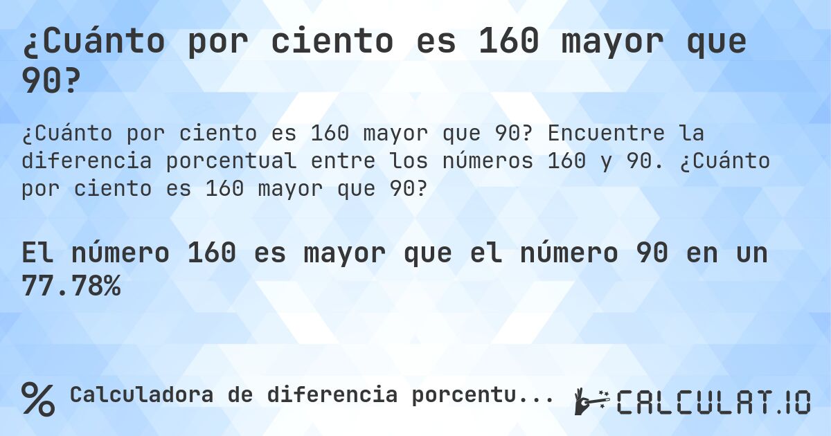 ¿Cuánto por ciento es 160 mayor que 90?. Encuentre la diferencia porcentual entre los números 160 y 90. ¿Cuánto por ciento es 160 mayor que 90?