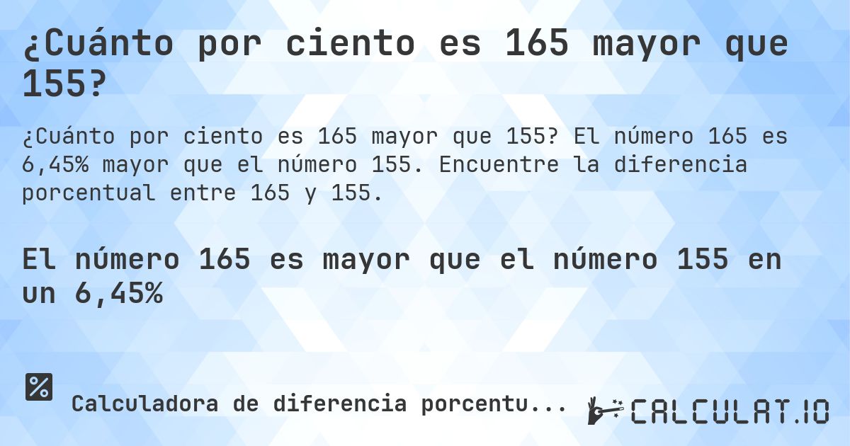 ¿Cuánto por ciento es 165 mayor que 155?. El número 165 es 6,45% mayor que el número 155. Encuentre la diferencia porcentual entre 165 y 155.
