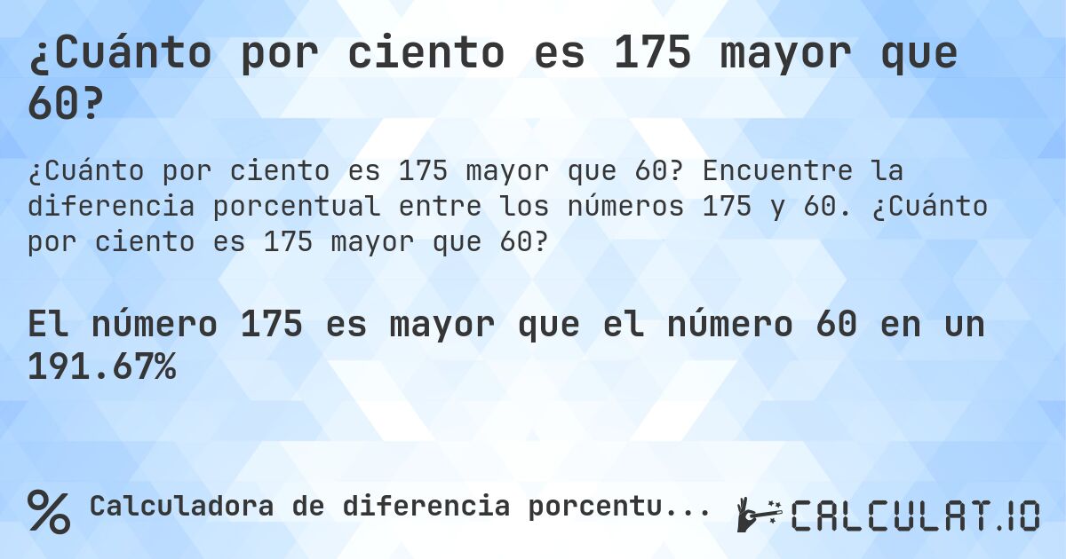 ¿Cuánto por ciento es 175 mayor que 60?. Encuentre la diferencia porcentual entre los números 175 y 60. ¿Cuánto por ciento es 175 mayor que 60?