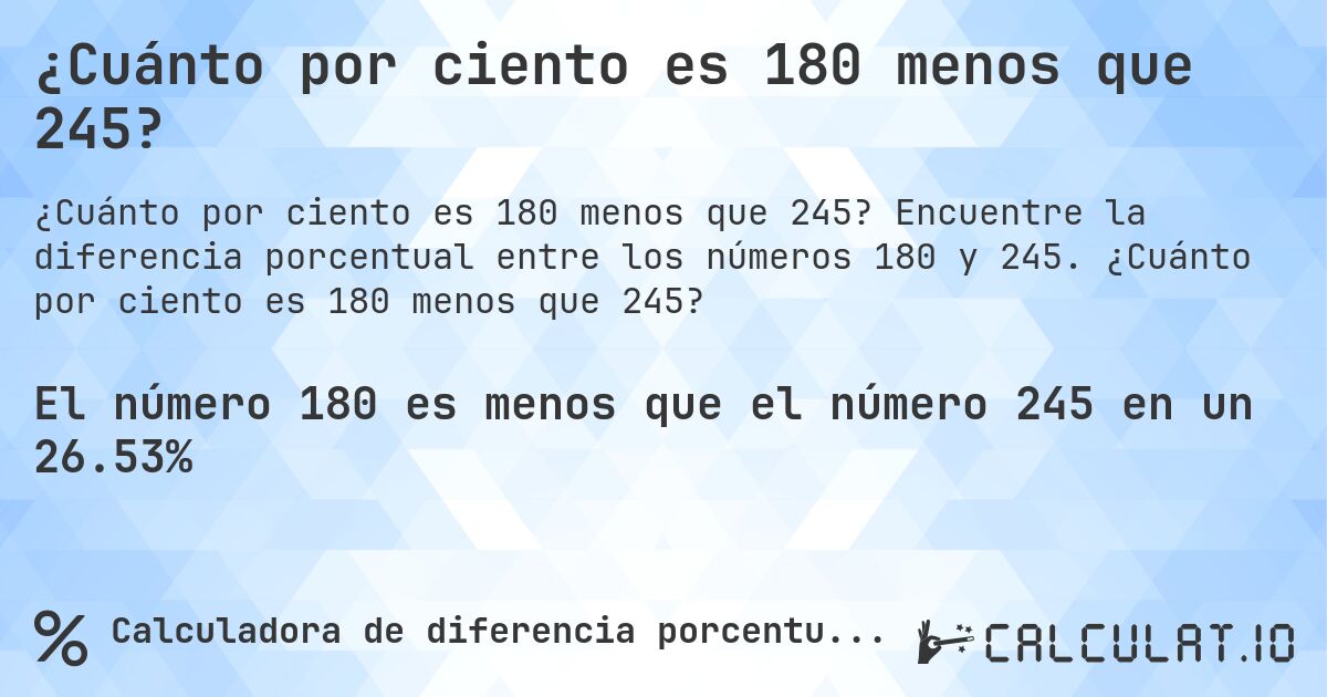 ¿Cuánto por ciento es 180 menos que 245?. Encuentre la diferencia porcentual entre los números 180 y 245. ¿Cuánto por ciento es 180 menos que 245?
