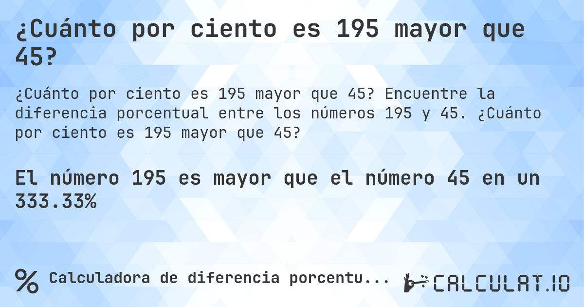 ¿Cuánto por ciento es 195 mayor que 45?. Encuentre la diferencia porcentual entre los números 195 y 45. ¿Cuánto por ciento es 195 mayor que 45?