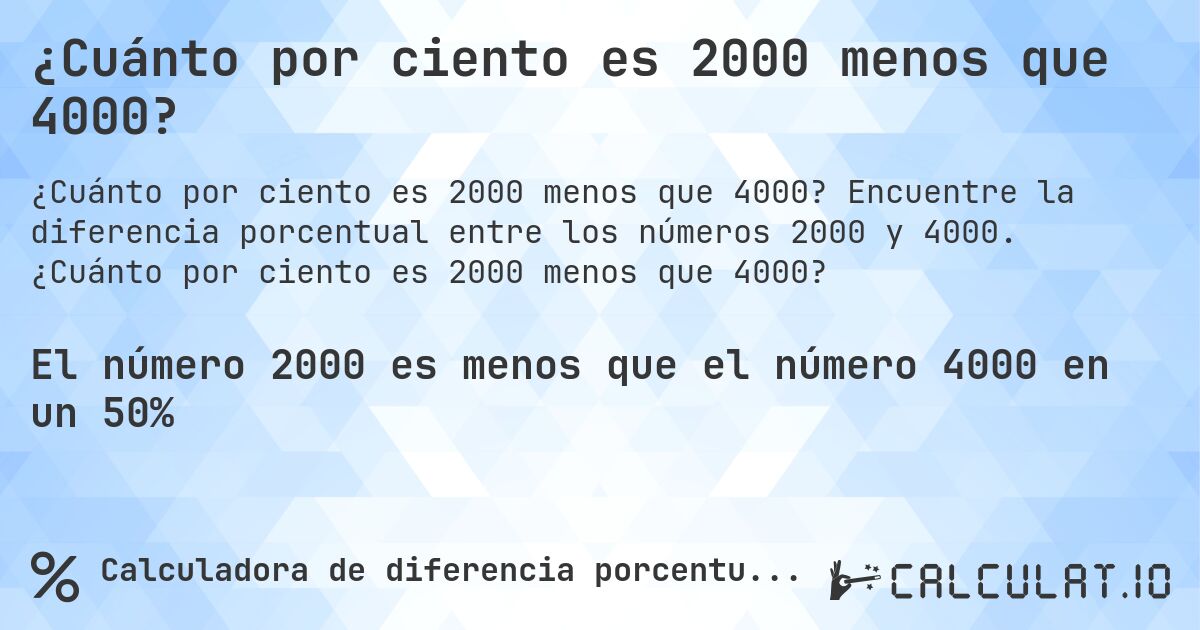 ¿Cuánto por ciento es 2000 menos que 4000?. Encuentre la diferencia porcentual entre los números 2000 y 4000. ¿Cuánto por ciento es 2000 menos que 4000?