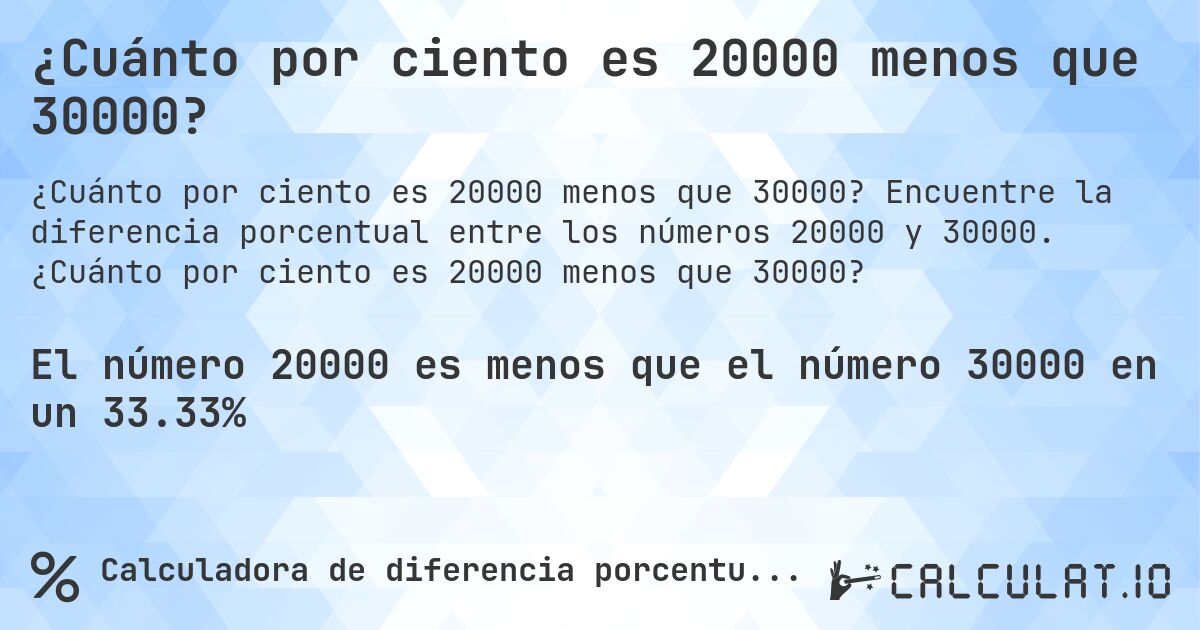 ¿Cuánto por ciento es 20000 menos que 30000?. Encuentre la diferencia porcentual entre los números 20000 y 30000. ¿Cuánto por ciento es 20000 menos que 30000?