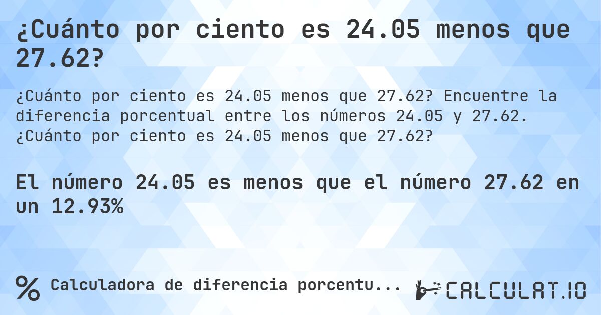 ¿Cuánto por ciento es 24.05 menos que 27.62?. Encuentre la diferencia porcentual entre los números 24.05 y 27.62. ¿Cuánto por ciento es 24.05 menos que 27.62?