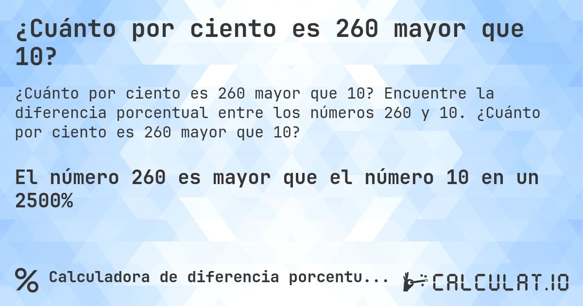 ¿Cuánto por ciento es 260 mayor que 10?. Encuentre la diferencia porcentual entre los números 260 y 10. ¿Cuánto por ciento es 260 mayor que 10?