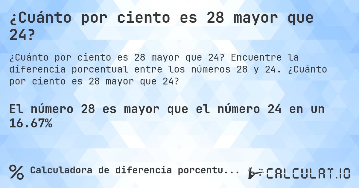 ¿Cuánto por ciento es 28 mayor que 24?. Encuentre la diferencia porcentual entre los números 28 y 24. ¿Cuánto por ciento es 28 mayor que 24?