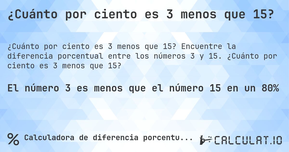 ¿Cuánto por ciento es 3 menos que 15?. Encuentre la diferencia porcentual entre los números 3 y 15. ¿Cuánto por ciento es 3 menos que 15?