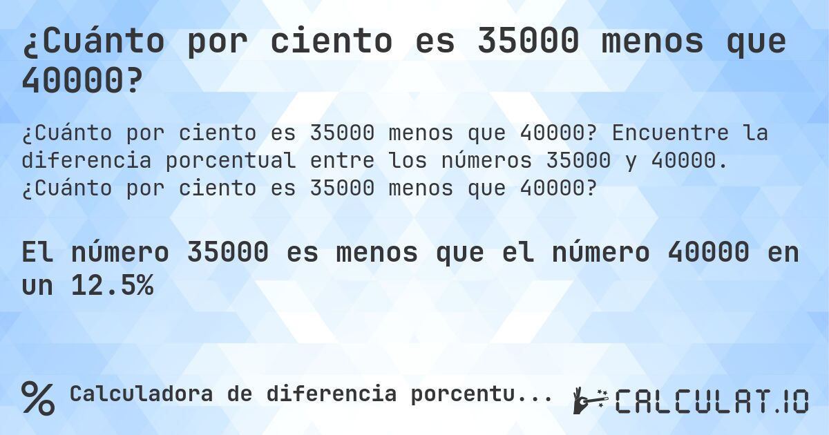 ¿Cuánto por ciento es 35000 menos que 40000?. Encuentre la diferencia porcentual entre los números 35000 y 40000. ¿Cuánto por ciento es 35000 menos que 40000?
