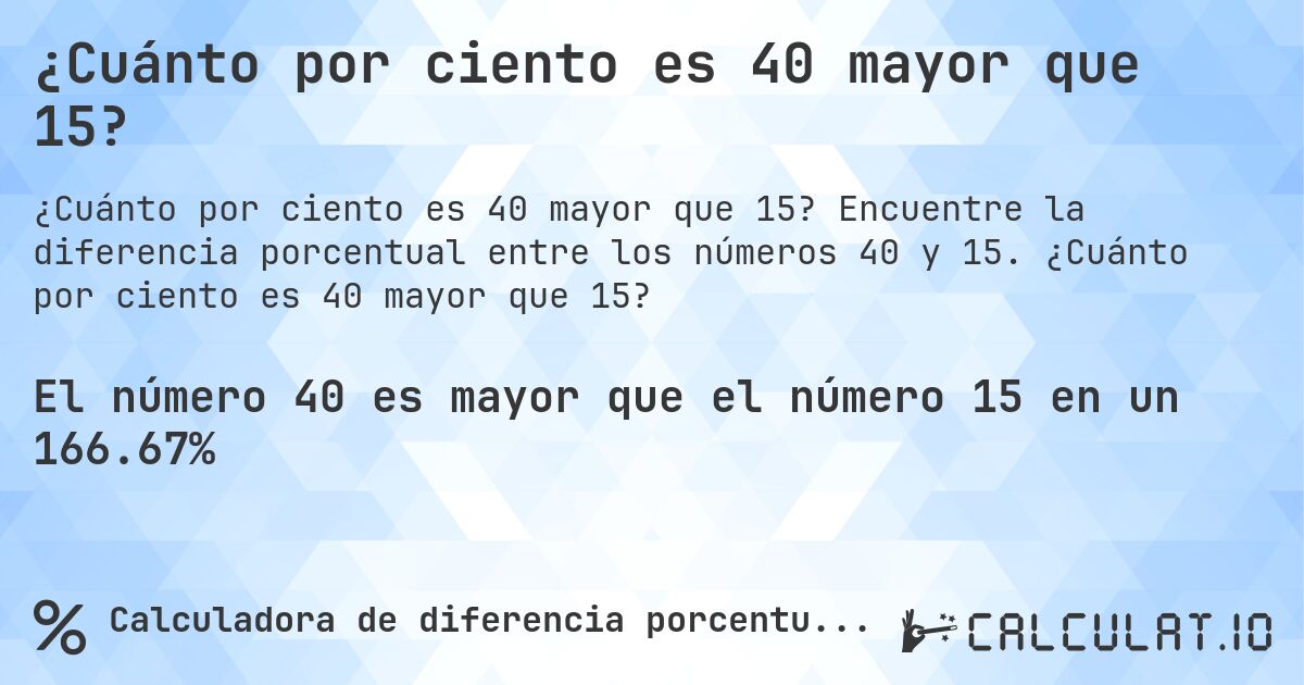 ¿Cuánto por ciento es 40 mayor que 15?. Encuentre la diferencia porcentual entre los números 40 y 15. ¿Cuánto por ciento es 40 mayor que 15?